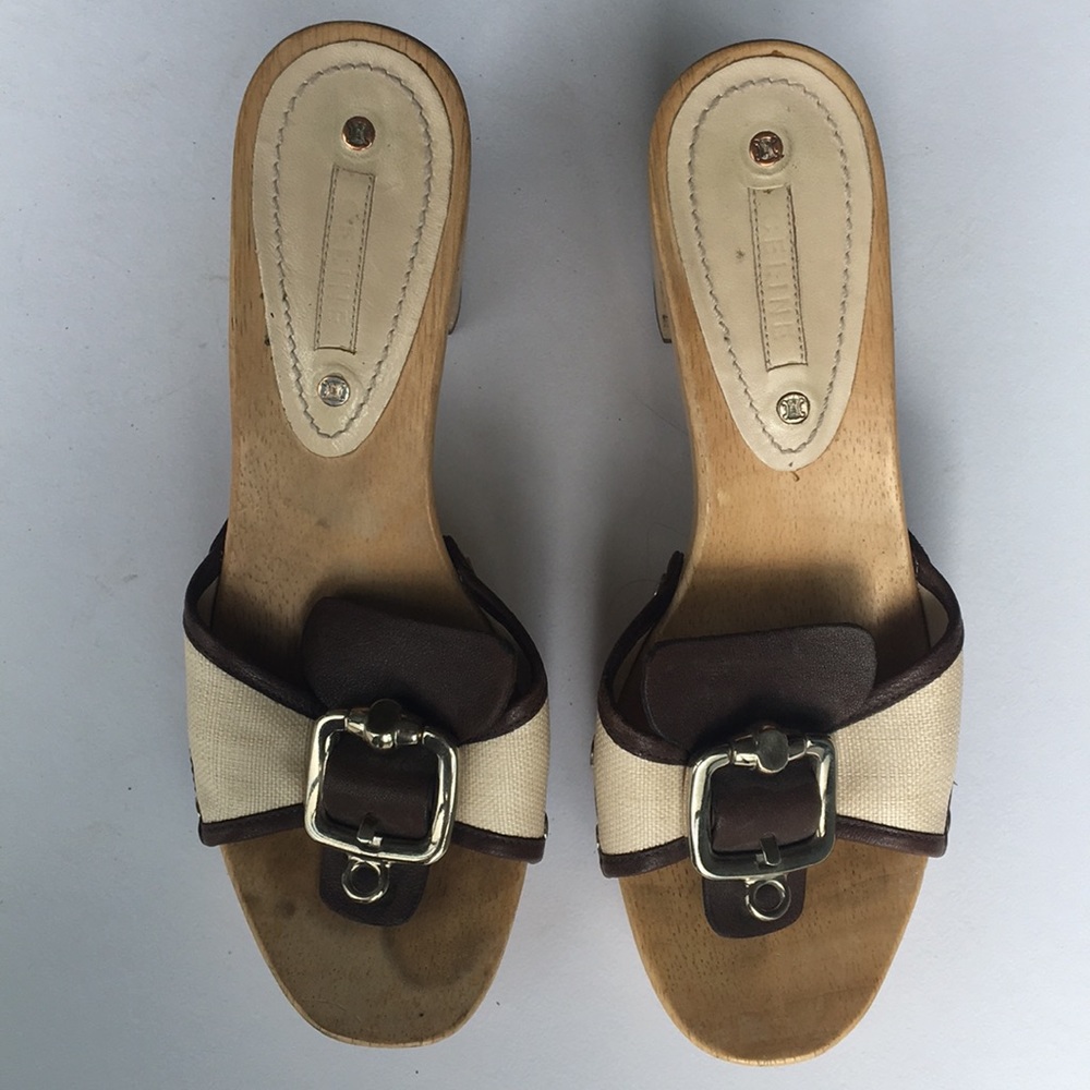 Celine wood and canvas clogs with buckles